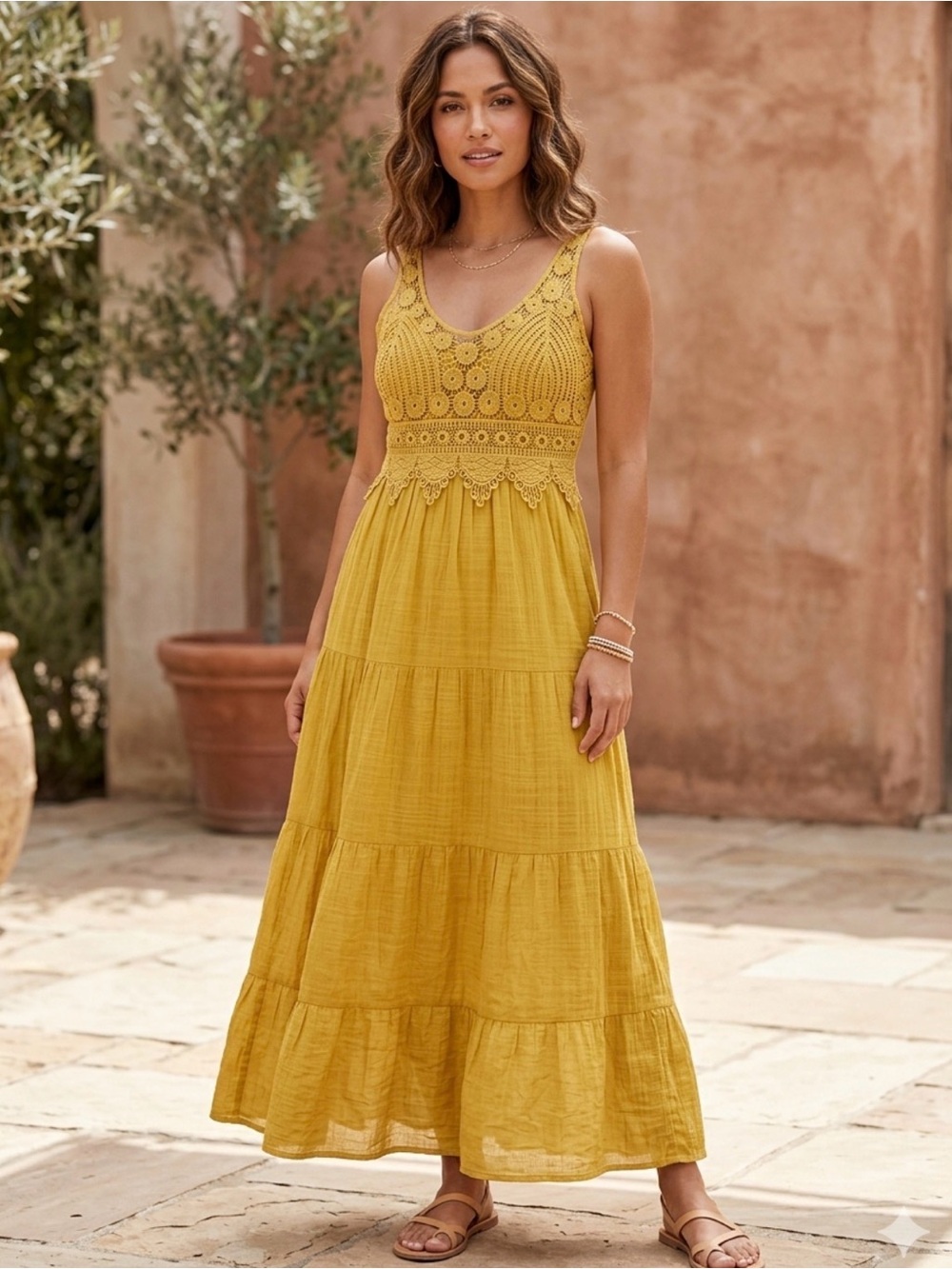 J Gee Crochet Bodice Mustard Maxi Dress